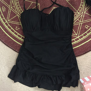 Black One-Piece Ruffle Skirt Swimsuit
